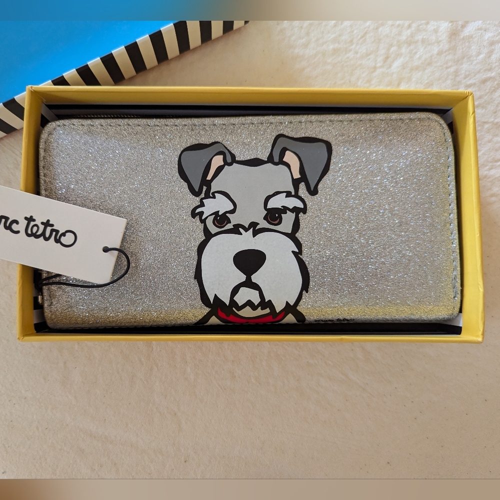 NWT Marc Tetro Schnauzer Dog Glitter Large Zip Wallet